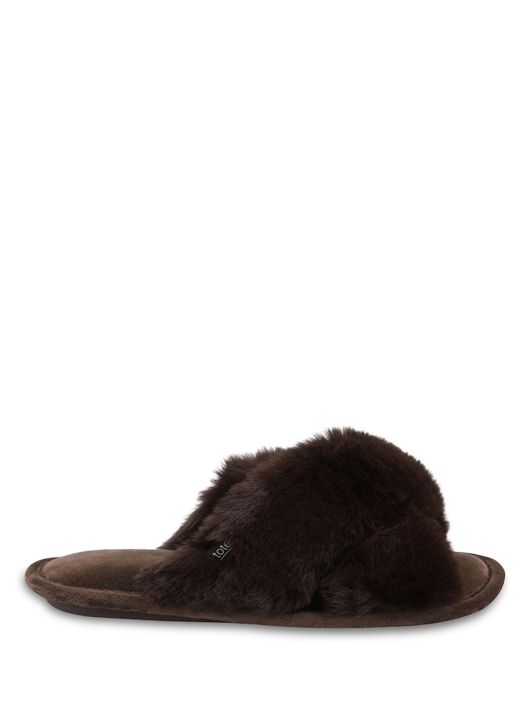 Totes Brown Crossover Faux Fur Slider Slippers - Image 2 of 5 Totes Brown Crossover Faux Fur Slider Slippers - Image 2 of 5