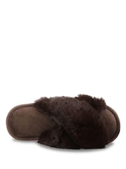 Totes Brown Crossover Faux Fur Slider Slippers - Image 3 of 5