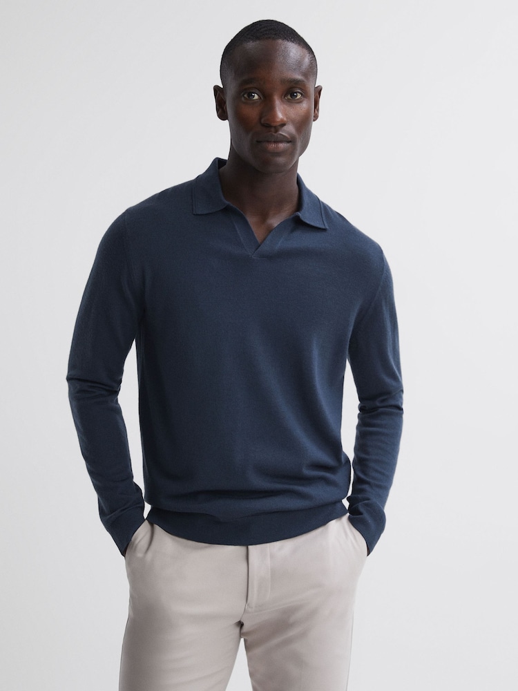 Reiss Eclipse Blue Milburn Merino Wool Open Collar Polo Shirt - Image 1 of 5