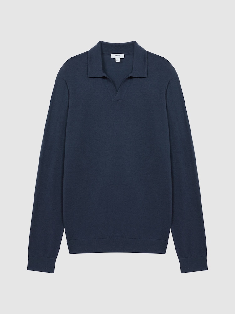 Reiss Eclipse Blue Milburn Merino Wool Open Collar Polo Shirt - Image 2 of 5
