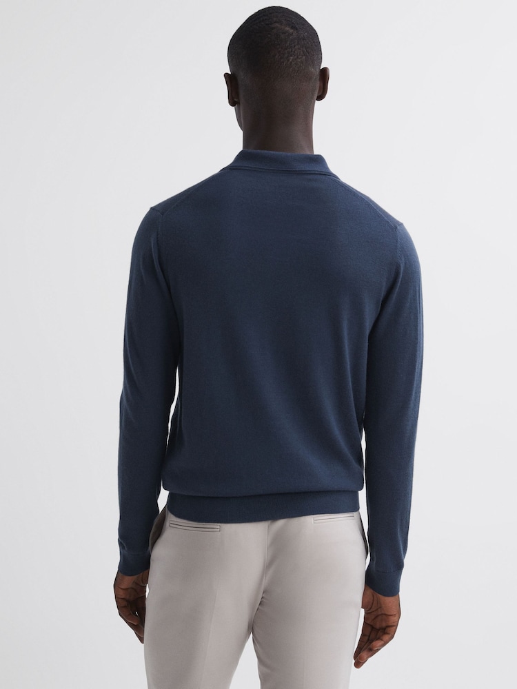 Reiss Eclipse Blue Milburn Merino Wool Open Collar Polo Shirt - Image 5 of 5