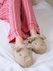Totes Natural Novelty Reindeer Mule Slippers - Image 1 of 5