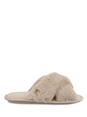 Totes Natural Crossover Faux Fur Slider Slippers - Image 2 of 5