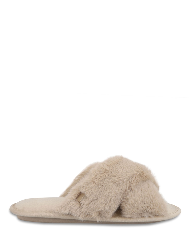 Totes Natural Crossover Faux Fur Slider Slippers - Image 2 of 5 Totes Natural Crossover Faux Fur Slider Slippers - Image 2 of 5