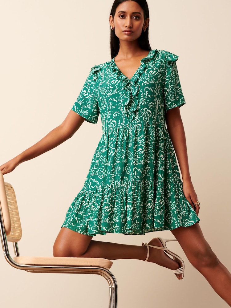 Green Floral Ruffle Detail Mini Smock Dress - Image 1 of 5 Green Floral Ruffle Detail Mini Smock Dress - Image 1 of 5