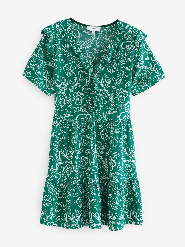 Green Floral Ruffle Detail Mini Smock Dress - Image 2 of 5 Green Floral Ruffle Detail Mini Smock Dress - Image 2 of 5