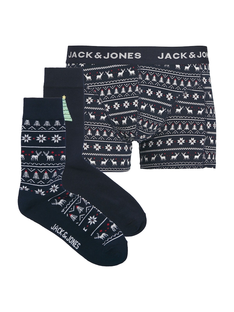 JACK & JONES Blue Christmas Boxer and Sock Set - Image 1 of 5 JACK & JONES Blue Christmas Boxer and Sock Set - Image 1 of 5