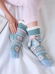 Totes Blue Fair Isle Knit Crop Slipper Socks with Sherpa Lining - Image 1 of 5