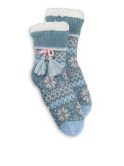 Totes Blue Fair Isle Knit Crop Slipper Socks with Sherpa Lining - Image 2 of 5