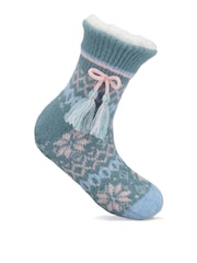 Totes Blue Fair Isle Knit Crop Slipper Socks with Sherpa Lining - Image 3 of 5