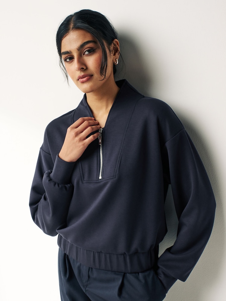 Navy Blue Slinky Notch Neck Long Sleeve Quarter Zip Sweatshirt - Image 1 of 6