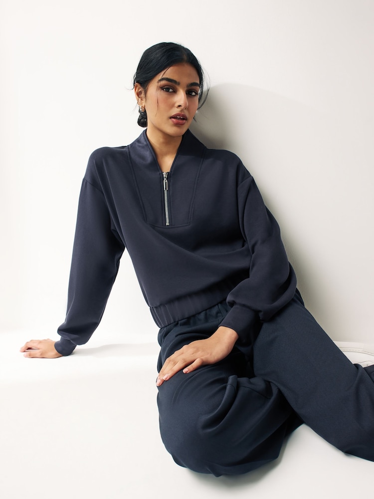 Navy Blue Slinky Notch Neck Long Sleeve Quarter Zip Sweatshirt - Image 2 of 6