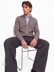 JACK & JONES Brown High Neck Knitted Zip Cardigan - Image 1 of 9