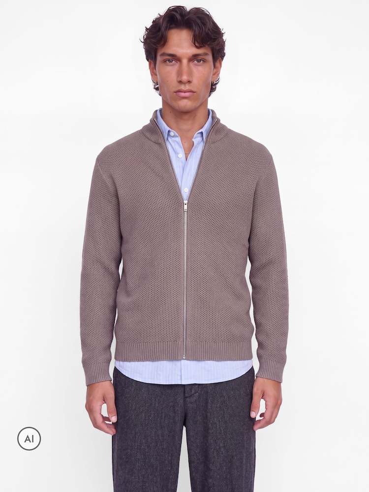 JACK & JONES Brown High Neck Knitted Zip Cardigan - Image 2 of 9 JACK & JONES Brown High Neck Knitted Zip Cardigan - Image 2 of 9