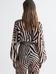 Reiss Black/White Farley Zebra Print Cropped Plunge Neck Blouse - Image 4 of 4
