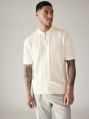 Ecru/White Regular 100% Cotton Textured Stripe Knit Polo Shirt - Image 1 of 7