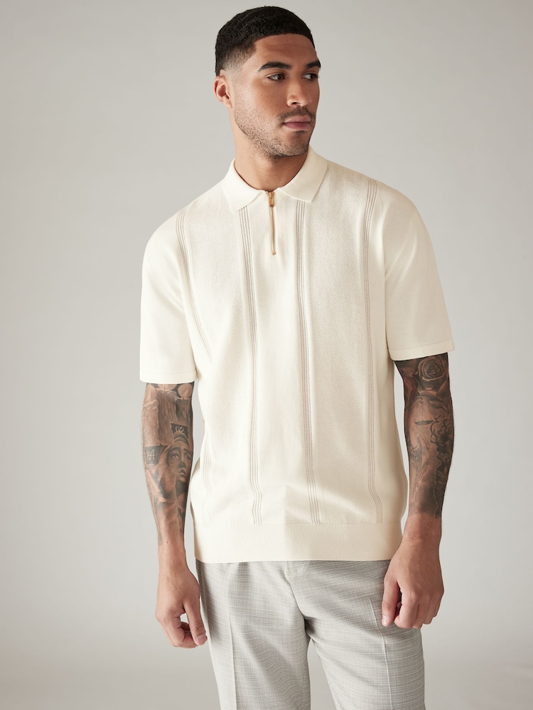 Ecru/White Regular 100% Cotton Textured Stripe Knit Polo Shirt - Image 1 of 7