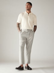 Ecru/White Regular 100% Cotton Textured Stripe Knit Polo Shirt - Image 2 of 7
