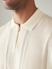 Ecru/White Regular 100% Cotton Textured Stripe Knit Polo Shirt - Image 4 of 7