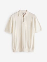 Ecru/White Regular 100% Cotton Textured Stripe Knit Polo Shirt - Image 5 of 7