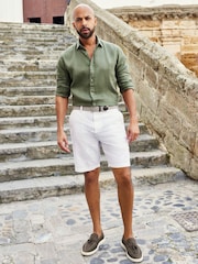 White Linen Cotton Chino Shorts with Belt Included - Image 1 of 7