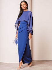 Lipsy Cobalt Blue Chiffon Cape Wrap Skirt Maxi Dress - Image 3 of 4