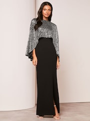 Lipsy Black Sequin Cape Maxi Dress - Image 1 of 4