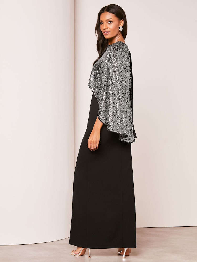 Lipsy Black Sequin Cape Maxi Dress - Image 2 of 4
