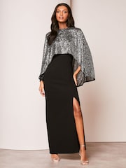 Lipsy Black Sequin Cape Maxi Dress - Image 3 of 4