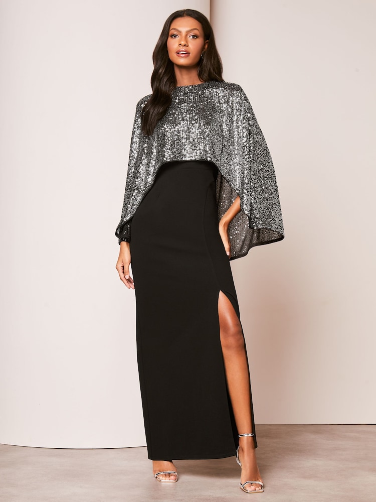 Lipsy Black Sequin Cape Maxi Dress - Image 3 of 4