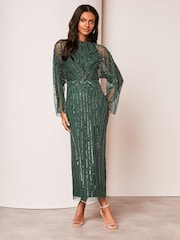 Lipsy Green Hand Embellished Mesh Sleeve Cape Maxi Dress - Image 1 of 4