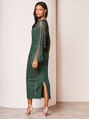 Lipsy Green Hand Embellished Mesh Sleeve Cape Maxi Dress - Image 2 of 4