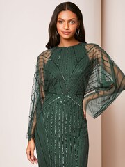 Lipsy Green Hand Embellished Mesh Sleeve Cape Maxi Dress - Image 3 of 4
