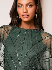 Lipsy Green Hand Embellished Mesh Sleeve Cape Maxi Dress - Image 4 of 4