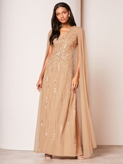 Lipsy Gold Hand Embellished V Neck Cape Maxi Dress - Image 1 of 4