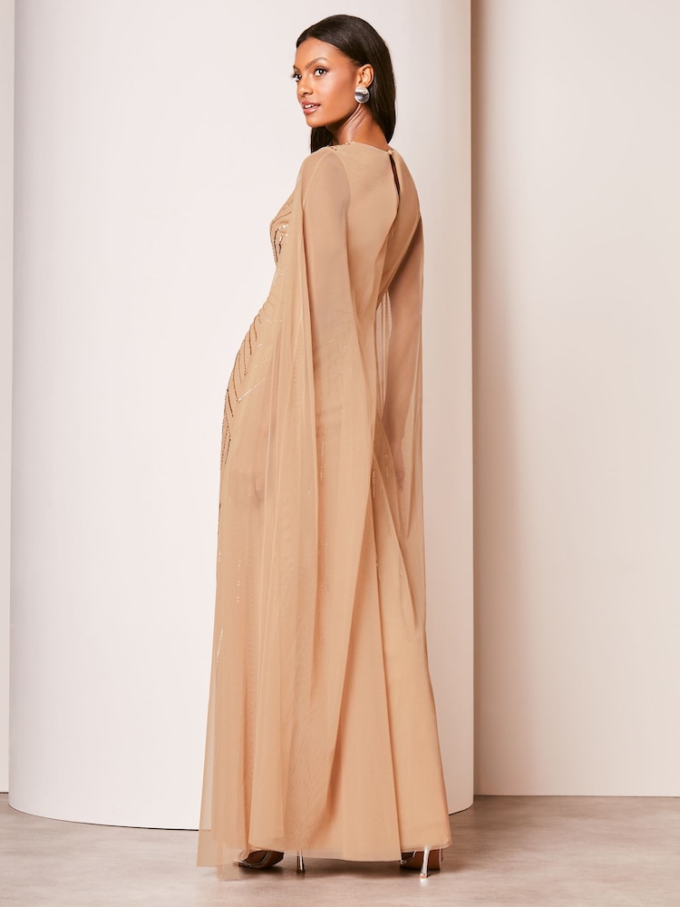 Lipsy Gold Hand Embellished V Neck Cape Maxi Dress - Image 2 of 4