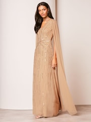 Lipsy Gold Hand Embellished V Neck Cape Maxi Dress - Image 3 of 4