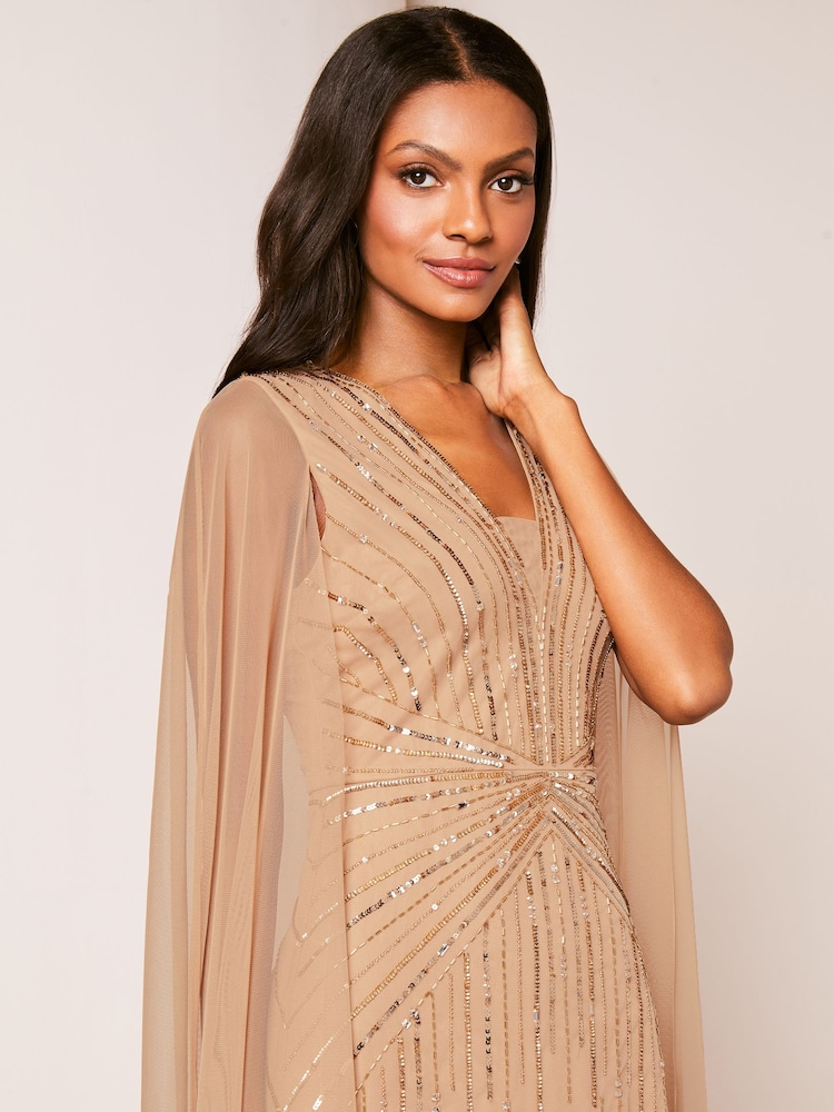 Lipsy Gold Hand Embellished V Neck Cape Maxi Dress - Image 4 of 4