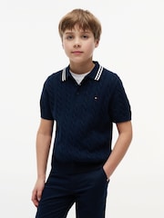 Tommy Hilfiger Blue Cable Knit Short Sleeve Polo Shirt - Image 1 of 5