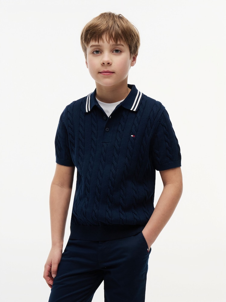 Tommy Hilfiger Blue Cable Knit Short Sleeve Polo Shirt - Image 1 of 5 Tommy Hilfiger Blue Cable Knit Short Sleeve Polo Shirt - Image 1 of 5
