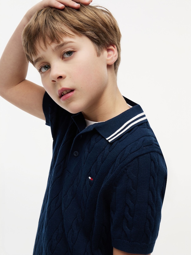 Tommy Hilfiger Blue Cable Knit Short Sleeve Polo Shirt - Image 2 of 5 Tommy Hilfiger Blue Cable Knit Short Sleeve Polo Shirt - Image 2 of 5