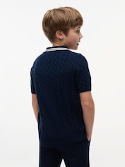 Tommy Hilfiger Blue Cable Knit Short Sleeve Polo Shirt - Image 4 of 5