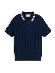 Tommy Hilfiger Blue Cable Knit Short Sleeve Polo Shirt - Image 5 of 5