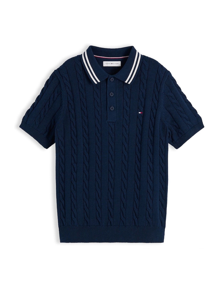 Tommy Hilfiger Blue Cable Knit Short Sleeve Polo Shirt - Image 5 of 5 Tommy Hilfiger Blue Cable Knit Short Sleeve Polo Shirt - Image 5 of 5