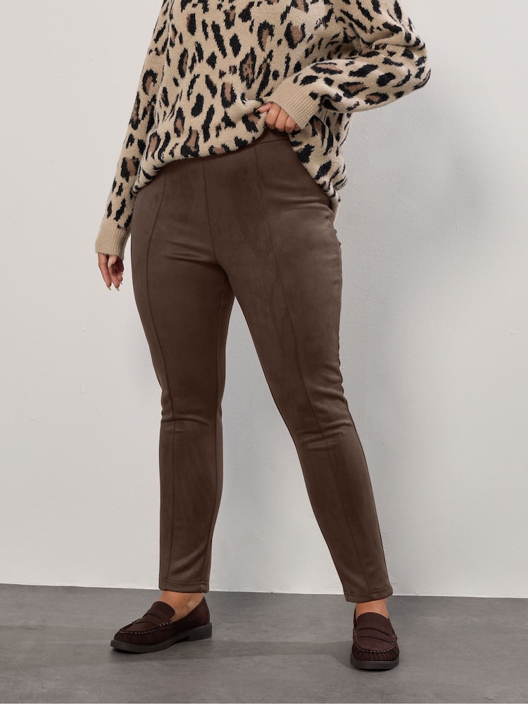 Yours Curve Brown Faux Suede Leggings - Image 1 of 6 Yours Curve Brown Faux Suede Leggings - Image 1 of 6