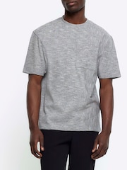 River Island Grey Regular Fit 100% Cotton Slub Blocked T-Shirt - Image 1 of 4
