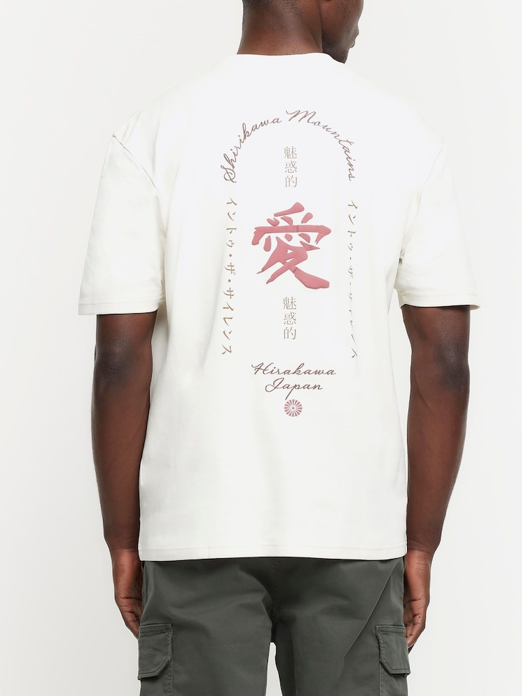 River Island White Regular Fit 100% Cotton Shirikawa Mountains T-Shirt - Image 1 of 1 River Island White Regular Fit 100% Cotton Shirikawa Mountains T-Shirt - Image 1 of 1