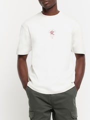 River Island White Regular Fit 100% Cotton Shirikawa Mountains T-Shirt - Image 1 of 4
