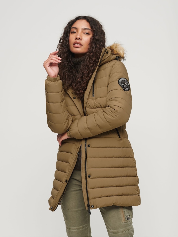 Superdry Brown Fuji Hooded Mid Length Puffer Coat - Image 1 of 1