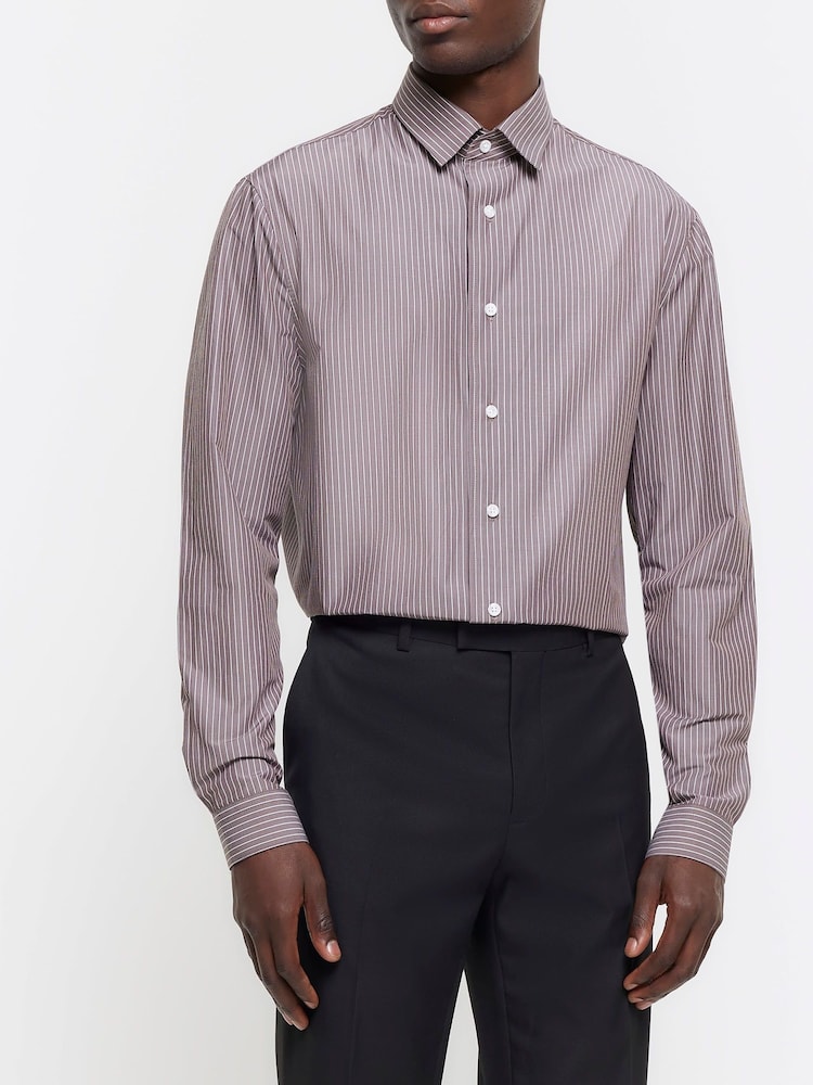 River Island Brown Stripe Poplin Shirt - Image 1 of 6